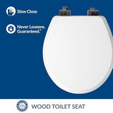 Mayfair Bennett Toilet Seat with Matte Black Hinges, Slow Close Wood Seat, Secure Metal Hinges, Easy Install, Made in USA, Round, White
