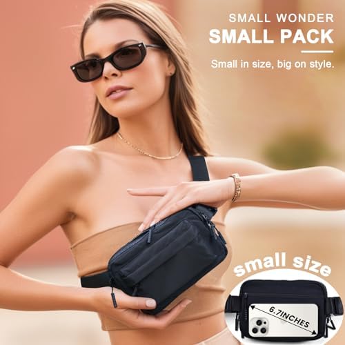 Crossbody Bags for Women & Fanny Pack for Men, Lightweight Adjustable Strap Belt Bag for Travel, Running, Hiking with Multiple Pockets, Black
