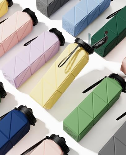 Collapsible Water Bottles, 4 Pack BPA-Free Silicone Foldable Water Bottle Cup with Straw Strap, Leak-Proof Durable Lightweight Bottle for Gym Travel Camping Hiking Running Sport