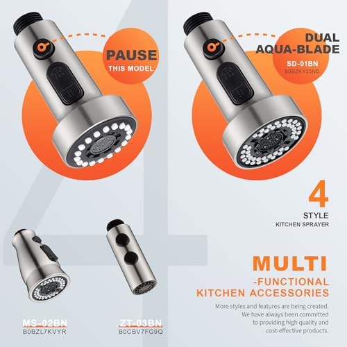 with 15 Adapters Pull Down Kitchen Sink Faucet Head Replacement, 3 Functions Plastic Kitchen Sink Sprayer Nozzle Replacement for Kitchen Faucet, Pause Mode (Brushed Nickel)