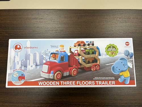 Toddler Toys for 2 3 4 5 Years Old Kids, Transport Car Carrier Truck Toy with 6 Wooden Vehicle, 30in Foldable Track Trailer with Light & Sound Effects, Best Gift Choice for Christmas, Birthday