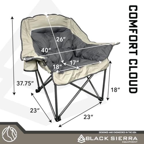 Black Sierra Oversized Camping Chair for Adults, Heavy Duty Outdoor Seat with Plush Padding, Supports 400lbs, Cup Holders & Carry Bag, Comfortable Folding Chair for Tailgating, Patio & Sideline Events
