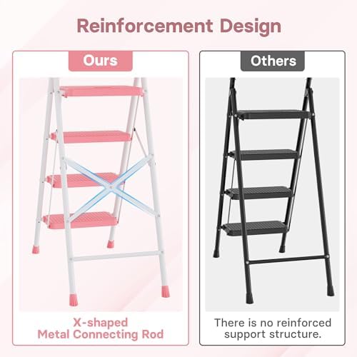 BONTEC 4-Step Ladder, 400lbs Max Load, Folding Step Stool with Tool Tray, Anti-Slip Pedals, Sturdy Steel, Lightweight Portable Ladder with Handrail for Home & Work Use, Pink