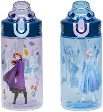 Zak Designs Disney Frozen Sage Kids Water Bottle For School or Travel, 16oz Durable Plastic Water Bottle With Straw, Handle, and Leak-Proof, Pop-Up Spout Cover, 2-Pack Set (Anna & Elsa)