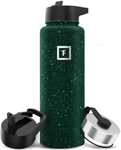 IRON °FLASK Camping & Hiking Hydration Flask with 3 Lids - Stainless Steel, Double Walled & Vacuum Insulated Water Bottle - Leak Proof & BPA Free (Dark Pine Speckle, Straw - 40 oz)