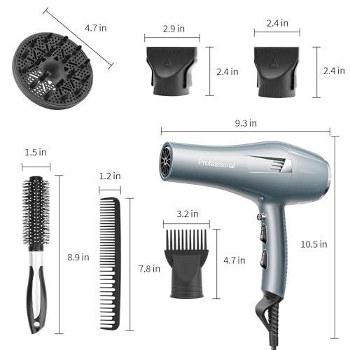 Ionic Salon Hair Dryer, Professional Blow Dryer AC Motor Fast Drying with 2 Speed, 3 Heat Setting, Cool Button, with Diffuser, Nozzle, Concentrator Comb for Curly & Straight Hair-Blue