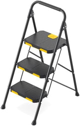 KINGRACK 3 Step Ladder, Sturdy Steel Step Stool with Safe-Lock Design, Handrail, Anti-Slip Wide Pedals, Pass 800lbs Load Testing, Folding Portable Ladder for Multi-Purpose, Home, Kitchen, Black