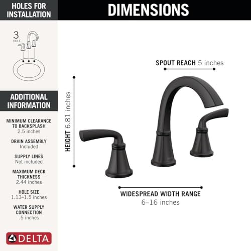 Delta Geist Matte Black Bathroom Faucet 3 Hole, 8 Inch Widespread Bathroom Sink Faucet for Vanity, Push-Pop Drain Assembly, Matte Black 35864LF-BL