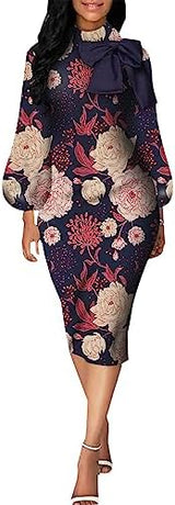 BestGirl Women's Bishop Sleeve Bodycon Dresses Work Casual Floral Print Pencil Midi Dresses