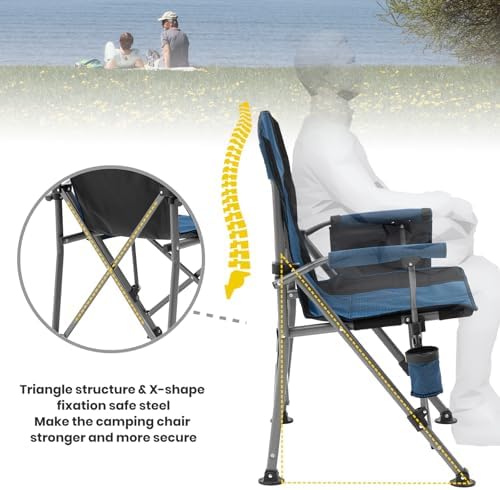 XGEAR Portable Camping Chairs for Adults with Padded Hard Armrest, Sturdy Folding Camping Chair with Cup Holder, Storage Pockets Carry Bag Included, Support to 300 lbs(Blue)