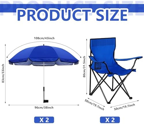2 Pack Beach Chair with Umbrella for Adults Universal Clamp Folding Lightweight Adjustable Backpack Sling Beach Camping Chair with Cup Holder for Sand Camping Travel Outdoor Pool(Blue)