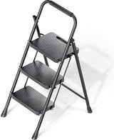 KINGRACK Folding 3 Step Ladder, Portable Ladder for Multi-Purpose, Home, Kitchen, Heavy Sturdy Steel Step Stool with Anti-Slip Wide Pedals, Handrail, Safe-Lock Design, Pass 500lbs Load Testing, Black