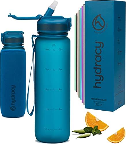 Hydracy Water Bottle with Time Marker -Large BPA Free Water Bottle & No Sweat Sleeve -Leak Proof Gym Bottle with Fruit Infuser Strainer & Times to Drink -Ideal for Fitness Sports & Outdoors