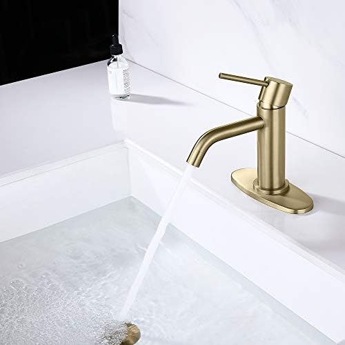 Brushed Gold Bathroom Faucet Single Hole, JXMMP Brass Single Handle Bathroom Sink Faucet with Pop Up Drain Assembly and 6 inch Deck Plate