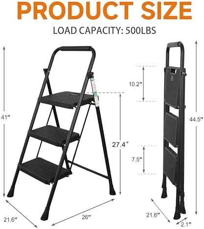 3 Step Ladder, Protable Steel Folding Stool with Wide Anti-Slip Pedal, 500lbs Sturdy Steel Ladder, Black