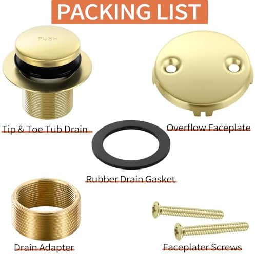 Gold Bathtub Drain Tip-Toe Tub Trim Set with Two-Hole Overflow Faceplate Bathroom Tub Drains Replacement Conversion Tub Drain Kit Assembly with Universal Fine & Coarse Thread