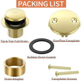 Gold Bathtub Drain Tip-Toe Tub Trim Set with Two-Hole Overflow Faceplate Bathroom Tub Drains Replacement Conversion Tub Drain Kit Assembly with Universal Fine & Coarse Thread
