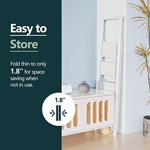 WOA WOA 4 Step Ladder, Ladders for Home, Anti-Slip Pedals, Aluminum Step Stool Foldable, Lightweight to Move, Ease of Storage, Reach 9ft for Closet Kitchen Library, Hold 300lbs - White