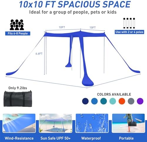Beach Tent Pop Up Shade Canopy Sun Shelter UPF50+ with 4 Stability Poles/Carry Bag/Ground Pegs/Sand Shovel/Windproof Ropes Portable Outdoor Family Sunshade for Beach Camping(Navy Blue,10×10FT)