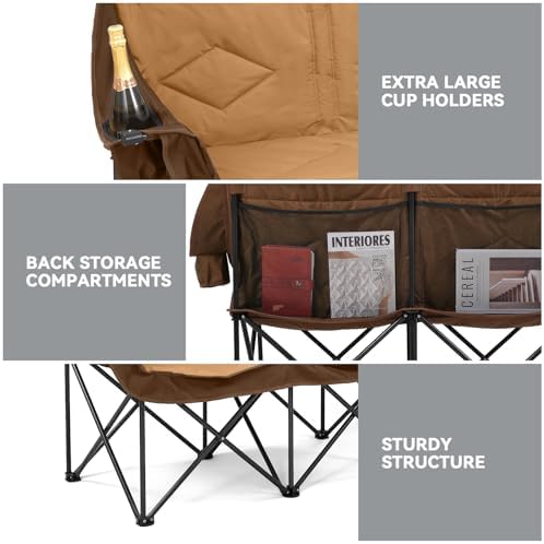 Double Camping Chairs for Adults Oversized Loveseat - 2 Person Camping Chair Heavy Duty Outdoor Camping Couch with Cup Holders - Portable Folding Chair for Outside Lawn, Brown