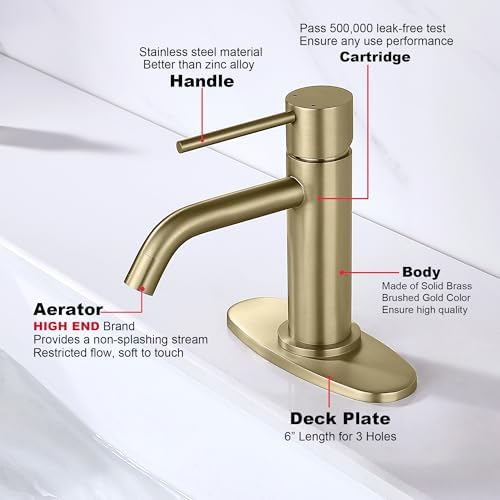 Brushed Gold Bathroom Faucet Single Hole, JXMMP Brass Single Handle Bathroom Sink Faucet with Pop Up Drain Assembly and 6 inch Deck Plate