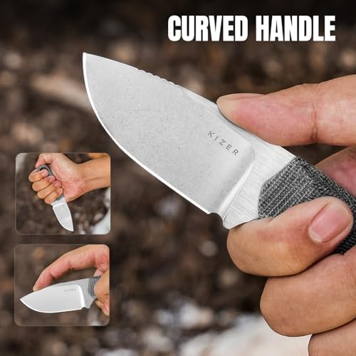 Kizer Beaver Fixed Blade Knife with Sheath, 2.75" Nitro-V Steel Blade EDC Camping Knife with Black Micarta and Orange G10 Handle, Small Bushcraft Survival Hunting Knives for Men Women, 1078A2