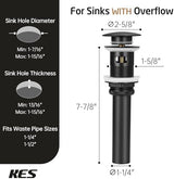 KES Bathroom Sink Drain with Overflow Vessel Sink Stopper Pop Up Drain Assembly Matt Black for 1.6"-1.9" Sink Hole, All Metal Rustproof Brass and 304 Stainless Steel, S2008A-BK