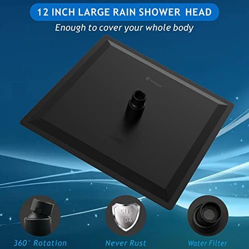 Voolan Rain Shower Head - High Flow Large Rainfall Shower Heads Made of Stainless Steel - Waterfall Bathroom Square Showerhead - Ceiling or Wall Mount (12" Black)