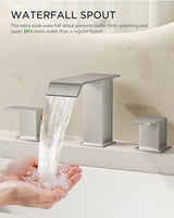FORIOUS Widespread Bathroom Sink Faucet 3 Hole Brushed Nickel, 2 Handles Waterfall Bathroom Faucet with Metal Pop-up Drain and 24" Hot and Cold Water Hoses, Suitable for Vanity RV Restroom
