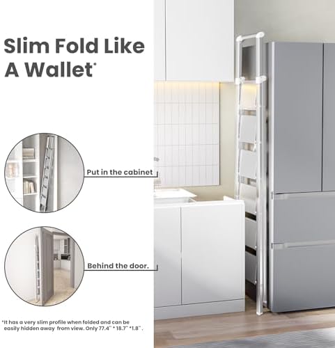 6 Step Ladder, Folding Step Stool with Handgrip and Anti-Slip Wide Pedal, Portable Lightweight Aluminum Stepladder for Kitchen, Home, Library, Office (300 lbs Capacity) - White