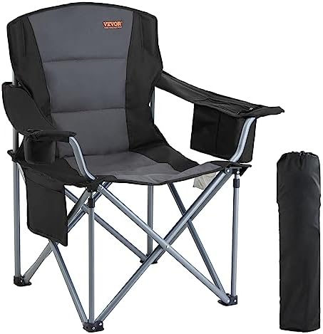 VEVOR Camping Folding Chair, Portable Heavy Duty Outdoor Quad Lumbar Back Padded with Side Pockets, Cup Holder and Cooler Bag for Beach, Lawn, Picnic, Fishing, Backpacking, Black