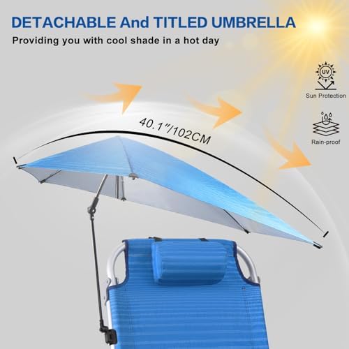 LEMBERI Backpack Beach Chair with Umbrella for Adults,1/2 Pack Folding Heavy Duty Camping Chair with Large Pockets and Cup Holder,Adjustable high Beach Lounge Chairs with Towel Rack (1, Navy Blue)