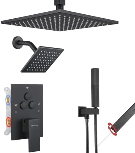 VANFOXLE Shower Faucet Set Matte Black Shower System,Push Button Diverter Shower Faucet with 2 in 1 Handheld,Ceiling Mount 10 Inch Shower Head with 6 Inch Wall Mount Shower Head