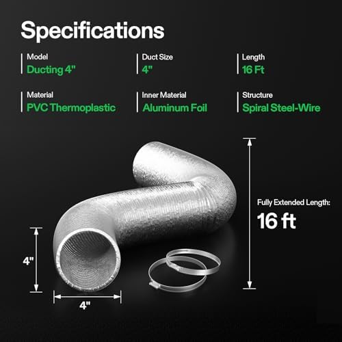 VIVOSUN 4 Inch 16 Feet Non-Insulated Flex Air Aluminum Ducting for HVAC Ventilation with 2 Stainless Steel Clamps