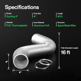 VIVOSUN 4 Inch 16 Feet Non-Insulated Flex Air Aluminum Ducting for HVAC Ventilation with 2 Stainless Steel Clamps