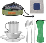 Stainless Steel Camping Cutlery Set - 8 Piece, Includes Spoons, Mugs, Bowls, Plates, Rags & Organizer Straps - Easy to Carry for Backpacking, Camping, Hiking and Picnics