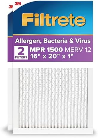 Filtrete 16x20x1 AC Furnace Air Filter, MERV 12, MPR 1500, CERTIFIED asthma & allergy friendly, 3 Month Pleated 1-Inch Electrostatic Air Cleaning Filter, 2-Pack (Actual Size 15.69x19.81x0.78 in)