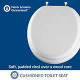 Mayfair Padded Toilet Seat with Chrome Hinges, Soft Vinyl over Wood Core Seat, Made in USA, Round, White