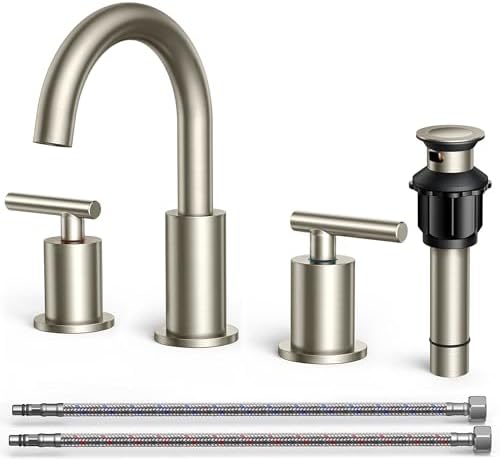 FORIOUS 8 In Widespread Brushed Nickel Bathroom Faucet 3 Hole with Metal Pop Up Drain and 24 Inch Supply Hose, 2 Handle 3 Hole Vanity Faucet for Bathroom Sink Brush Nickel with 360 Degree Swivel Spout