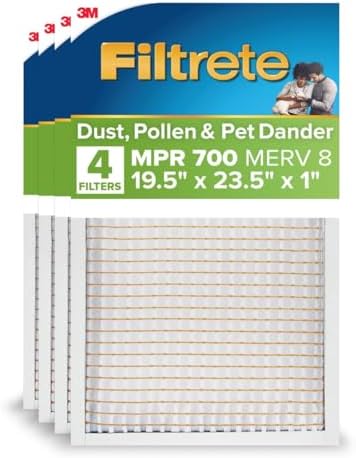 Filtrete 19.5x23.5x1 AC Furnace Air Filter, MERV 8, MPR 700, Tough on Pollen, Easy on Airflow, 3-Month Pleated 1-Inch Electrostatic Air Cleaning Filter, 4-Pack (Actual Size 19.31 x 23.31 x 0.81 in)