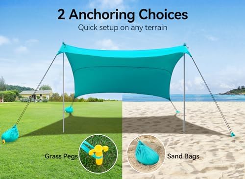 Beach Tent, Camping Sun Shelter 10 x 10ft, with 4 Sandbags, UPF50+, Includes Sand Shovel, Ground Pegs & Stability Poles, Pop Up Beach Canopy Sunshade for Fishing, Backyard Fun or Picnics (Cyan)