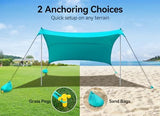 Beach Tent, Camping Sun Shelter 10 x 10ft, with 4 Sandbags, UPF50+, Includes Sand Shovel, Ground Pegs & Stability Poles, Pop Up Beach Canopy Sunshade for Fishing, Backyard Fun or Picnics (Cyan)