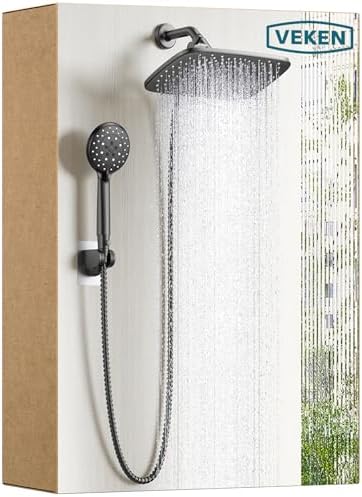 Veken 11.8 Inch Rain Shower Head with Handheld- High Pressure Dual Shower Heads with 5 Modes Handheld Spray Combo- Wide Rainfall Showerhead with Hose, Bathroom Accessories, Matte Black