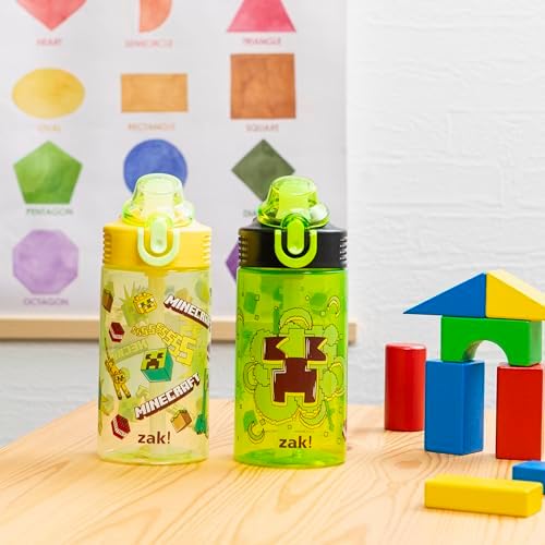 Zak Designs Minecraft Sage Kids Water Bottle For School or Travel, 16oz Durable Plastic Water Bottle With Straw, Handle, and Leak-Proof, Pop-Up Spout Cover, 2-Pack Set (Creeper)
