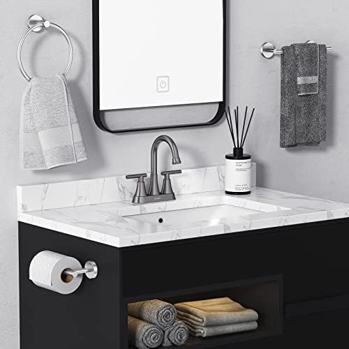 Bathroom Faucets for Sink 3 Hole, Hurran 4 inch Brushed Grey Bathroom Sink Faucet with Pop-up Drain and Supply Hoses, Stainless Steel Lead-Free Centerset Touch On Faucets for Vanity RV