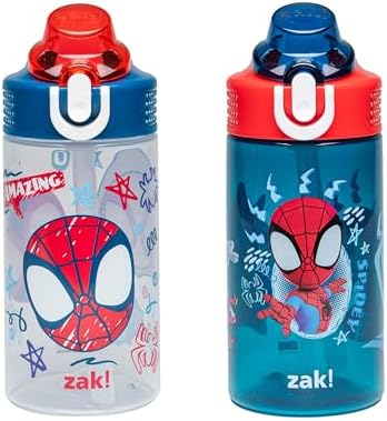 Zak Designs Marvel Spider-Man Sage Kids Water Bottle For School or Travel, 16oz Durable Plastic Water Bottle With Straw, Handle, and Leak-Proof Spout Cover, 2-Pack (Spidey and His Amazing Friends)
