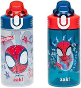 Zak Designs Marvel Spider-Man Sage Kids Water Bottle For School or Travel, 16oz Durable Plastic Water Bottle With Straw, Handle, and Leak-Proof Spout Cover, 2-Pack (Spidey and His Amazing Friends)