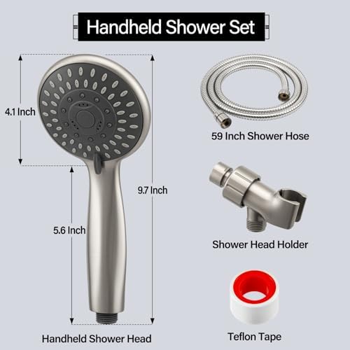 Briout Shower Head with Handheld, 5-Settings Showerhead High Pressure Powerful Water Spray Shower Head Set with 59 Inch Stainless Steel Hose and Bracket, Brushed Nickel