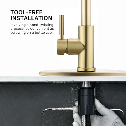 WEWE Brushed Gold Kitchen Faucet with Pull Down Sprayer, Single Handle Gold Kitchen Sink Faucet Stainless Steel Brass Copper Commercial RV 1 or 3 Hole, Champagne Bronze