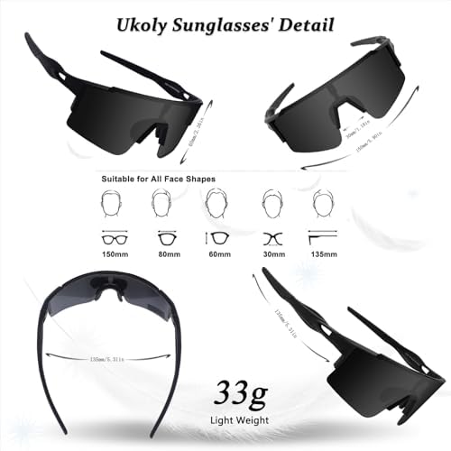 Ukoly Cycling Sunglasses for Men Women with 3 Interchangeable Lenses, Polarized Sports Sunglasses, Baseball Sunglasses